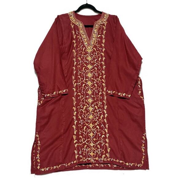Embroidered Traditional Kurta Shift Tunic Women's Size XL V-Neck Red Long Sleeve - Picture 1 of 7